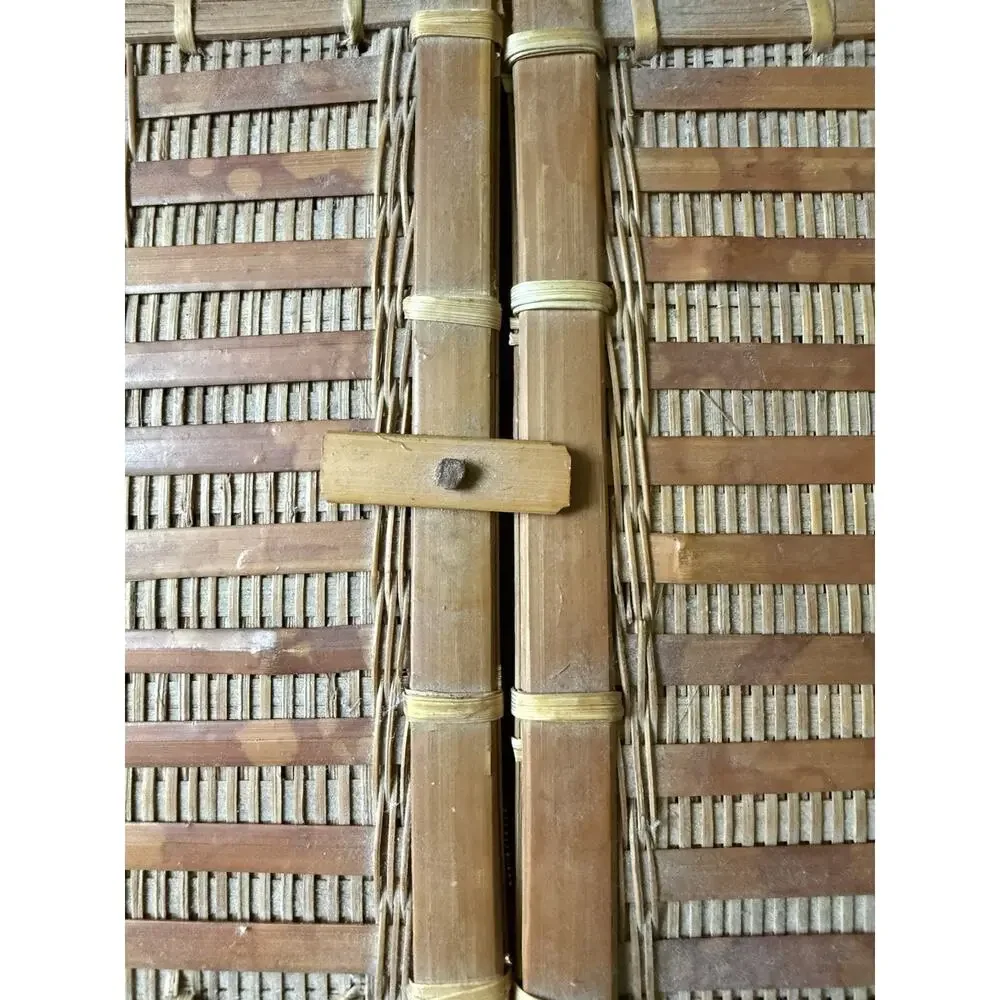 Vintage Bamboo Covered Basket Hinged Top Sewing Picnic Storage Woven Two Handle